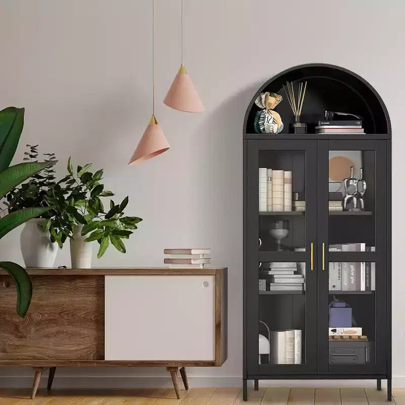 Arched Storage Cabinet, Metal Display Cabinet with Glass Doors