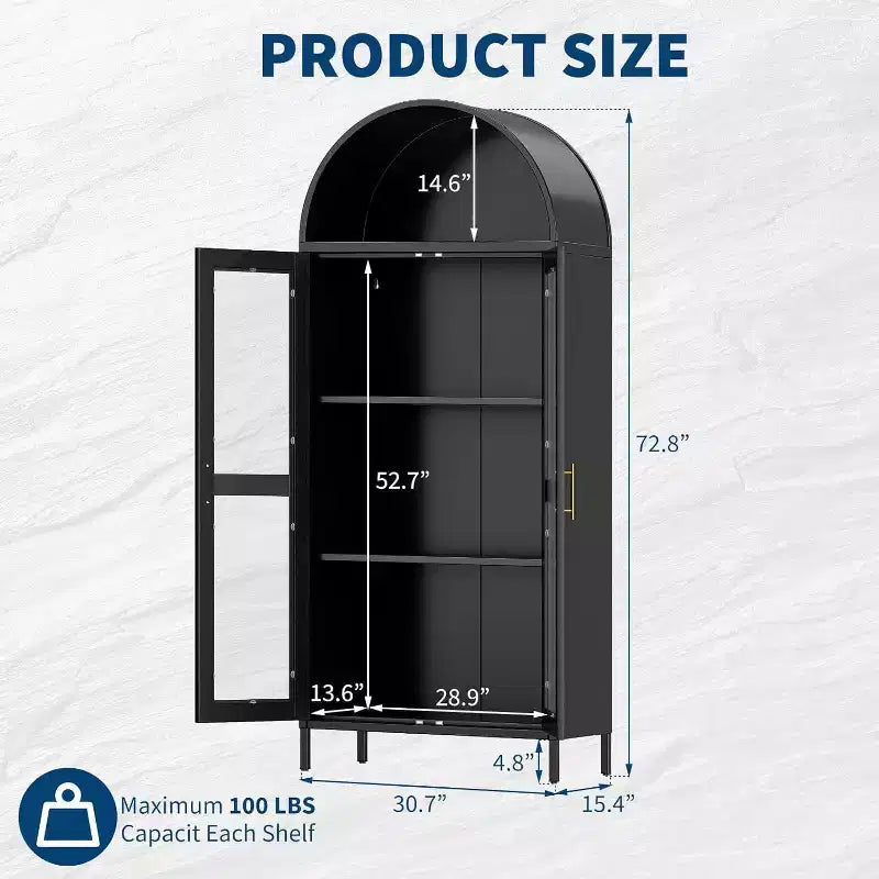 Arched Storage Cabinet, Metal Display Cabinet with Glass Doors