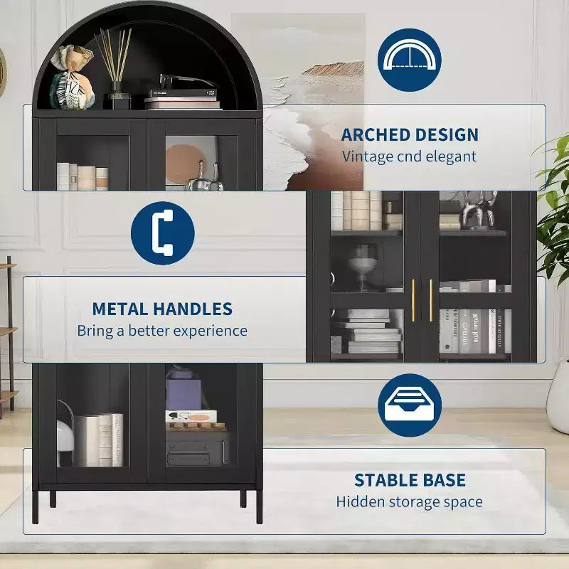 Arched Storage Cabinet, Metal Display Cabinet with Glass Doors