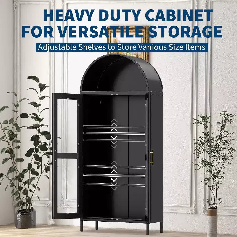 Arched Storage Cabinet, Metal Display Cabinet with Glass Doors