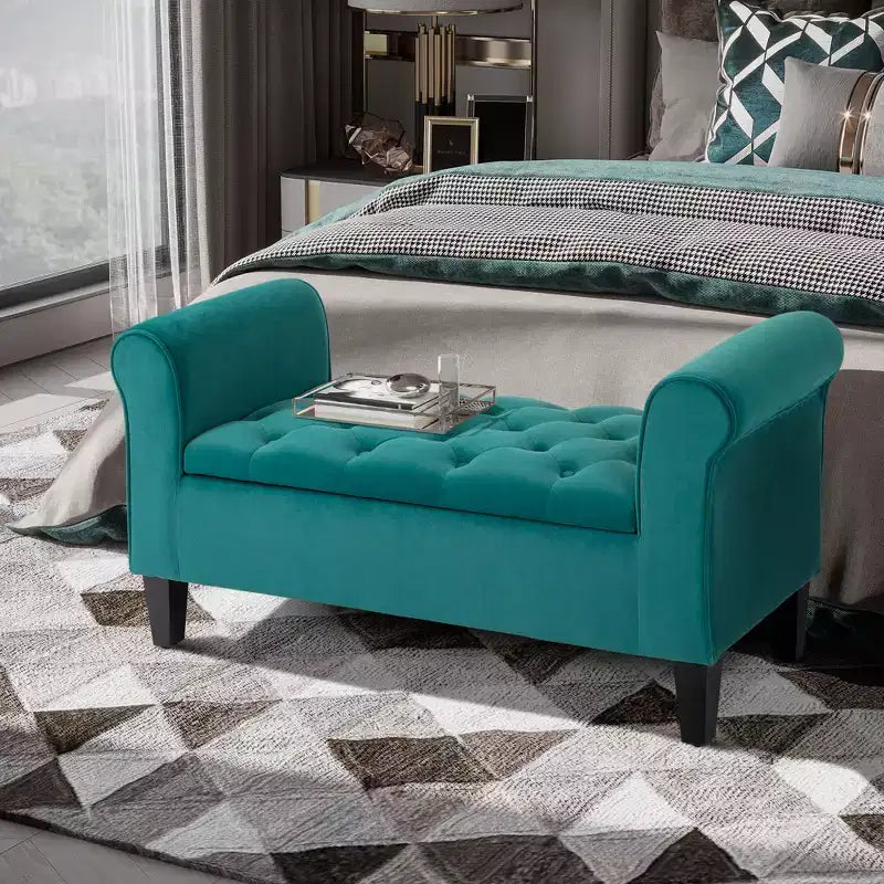 Button-Tufted Storage Ottoman Bench, Upholstered Bench with Rolled Armrests for Living Room or Hallway