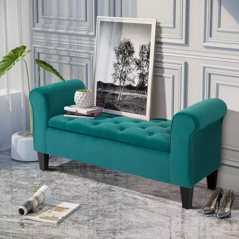 Button-Tufted Storage Ottoman Bench, Upholstered Bench with Rolled Armrests for Living Room or Hallway