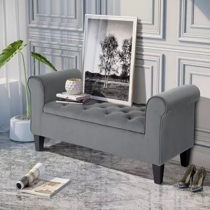 Button-Tufted Storage Ottoman Bench, Upholstered Bench with Rolled Armrests for Living Room or Hallway