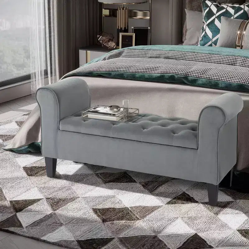 Button-Tufted Storage Ottoman Bench, Upholstered Bench with Rolled Armrests for Living Room or Hallway