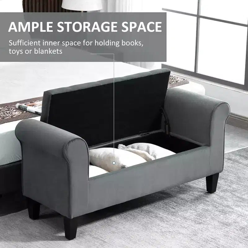 Button-Tufted Storage Ottoman Bench, Upholstered Bench with Rolled Armrests for Living Room or Hallway