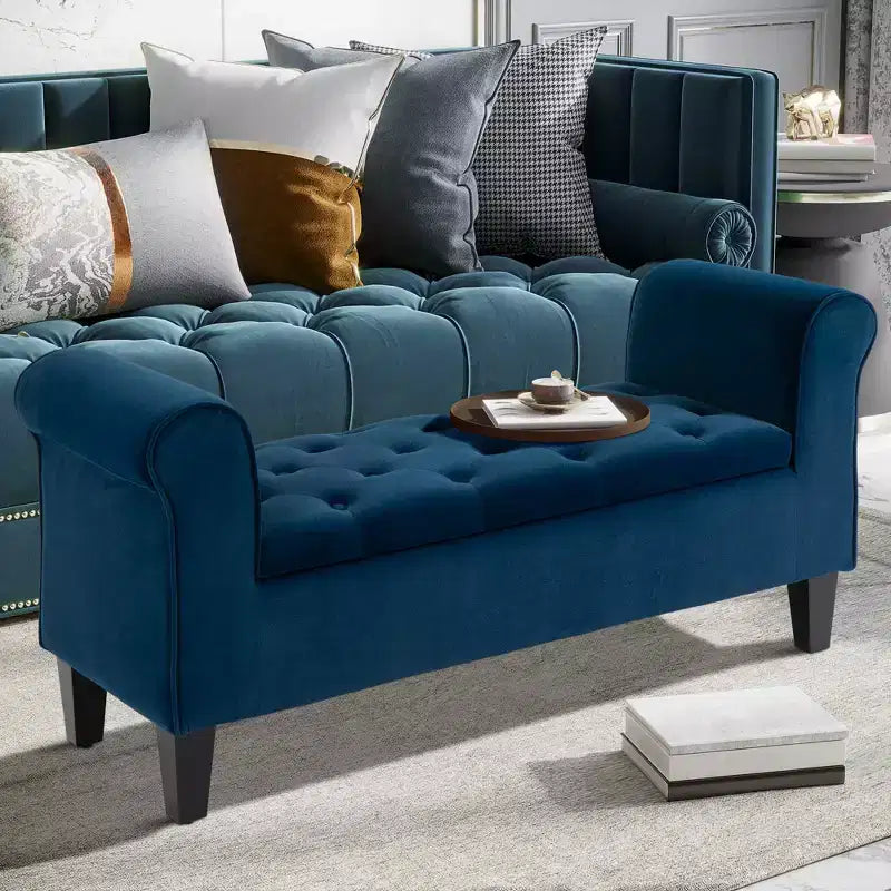 Button-Tufted Storage Ottoman Bench, Upholstered Bench with Rolled Armrests for Living Room or Hallway
