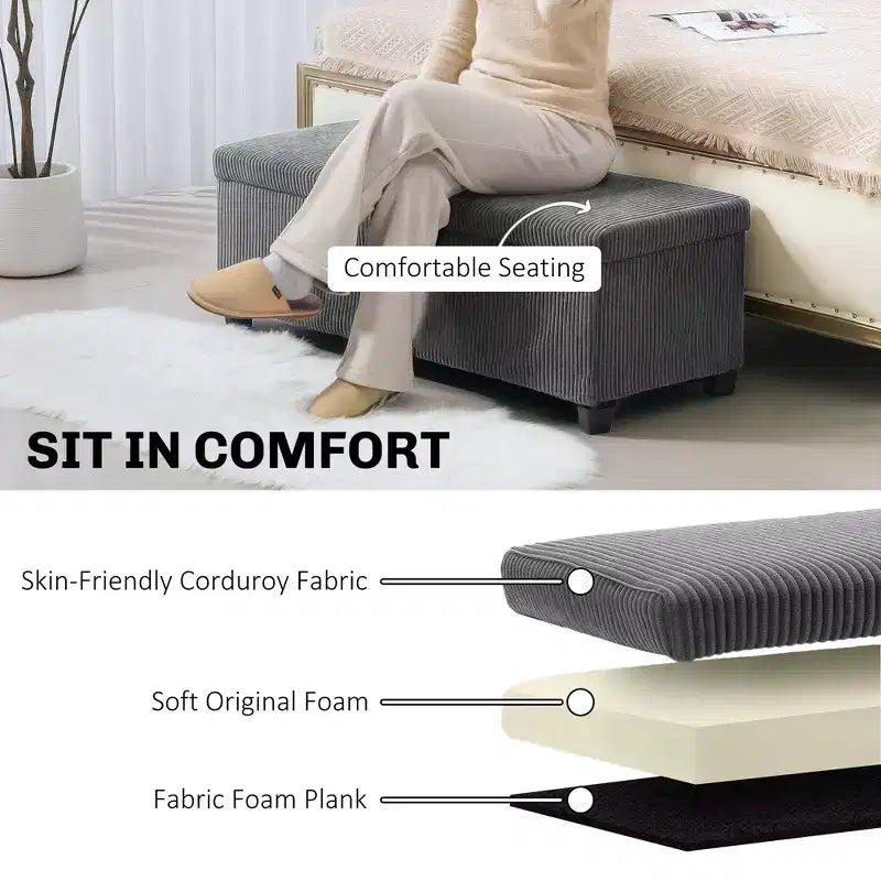 Banc de rangement ottoman de 112 cm avec couvercle, pieds et revêtement en velours côtelé, idéal en bout de lit pour le salon, la chambre à coucher ou l'entrée.