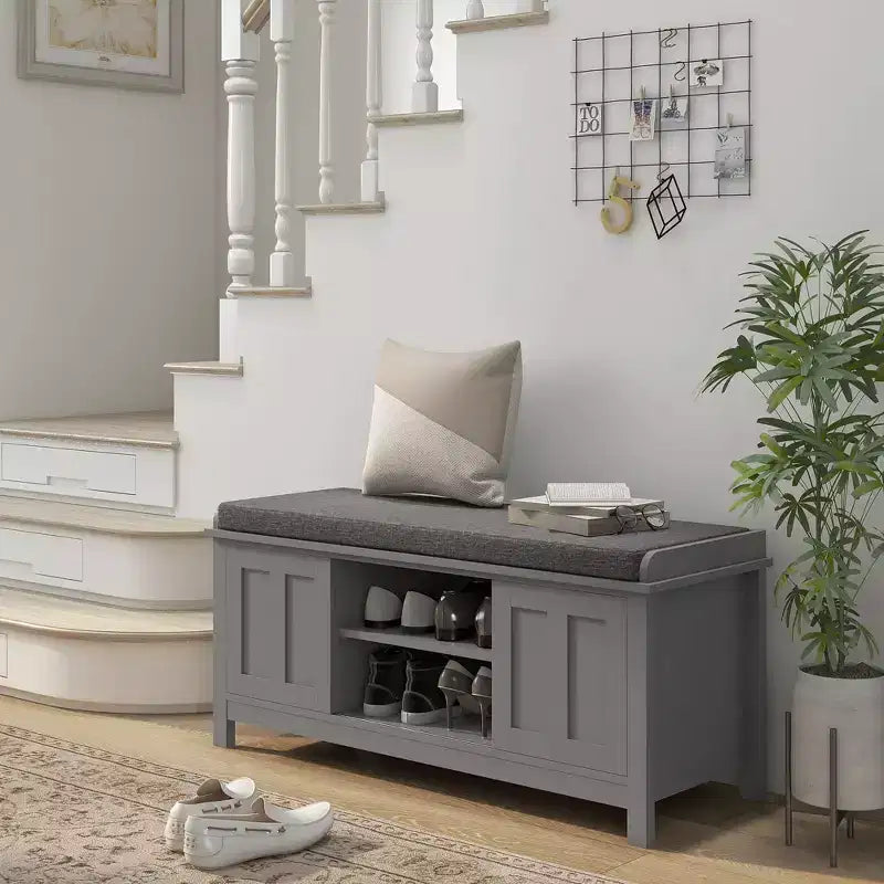 Modern Shoe Storage Bench, Entry Way Bench with Cushion, 2 Sliding Doors, Storage Ottoman Bench, Holds 10 Pairs