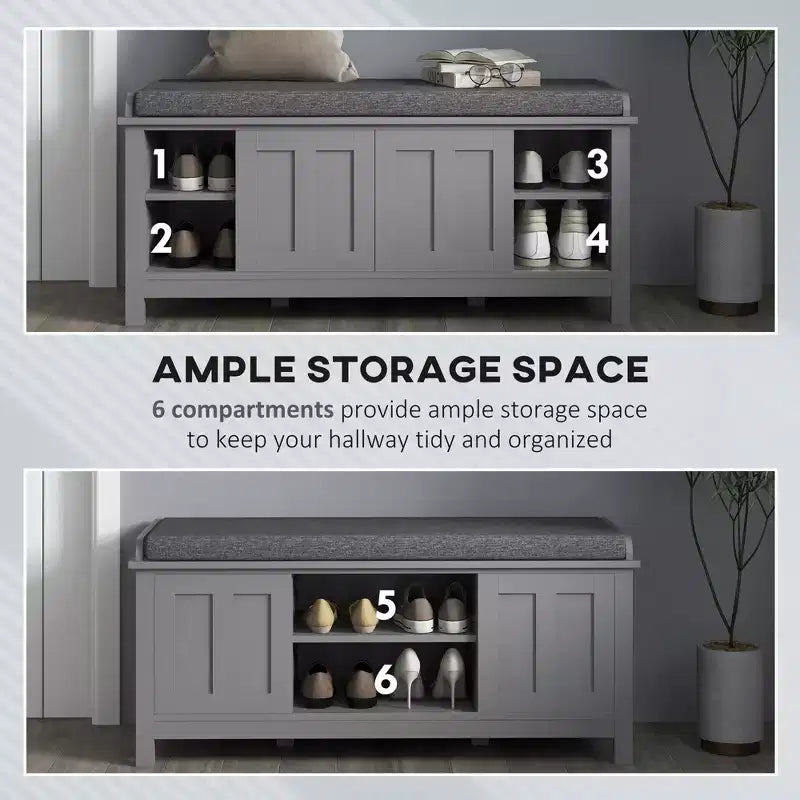 Modern Shoe Storage Bench, Entry Way Bench with Cushion, 2 Sliding Doors, Storage Ottoman Bench, Holds 10 Pairs
