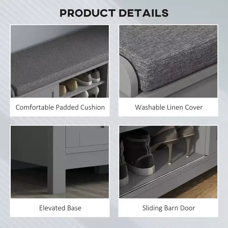 Modern Shoe Storage Bench, Entry Way Bench with Cushion, 2 Sliding Doors, Storage Ottoman Bench, Holds 10 Pairs