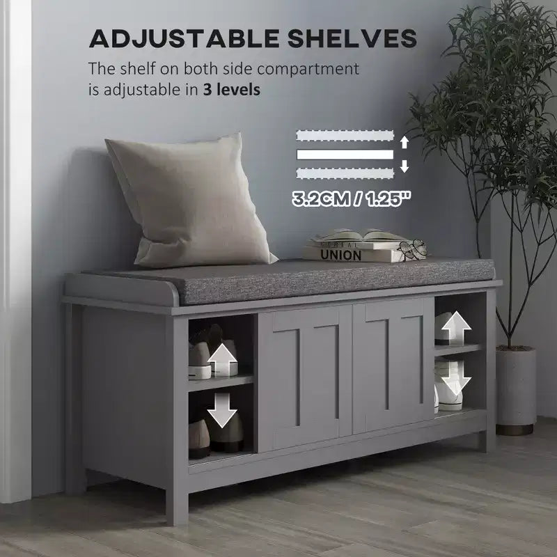 Modern Shoe Storage Bench, Entry Way Bench with Cushion, 2 Sliding Doors, Storage Ottoman Bench, Holds 10 Pairs
