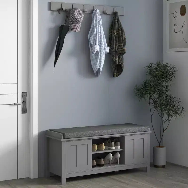 Modern Shoe Storage Bench, Entry Way Bench with Cushion, 2 Sliding Doors, Storage Ottoman Bench, Holds 10 Pairs