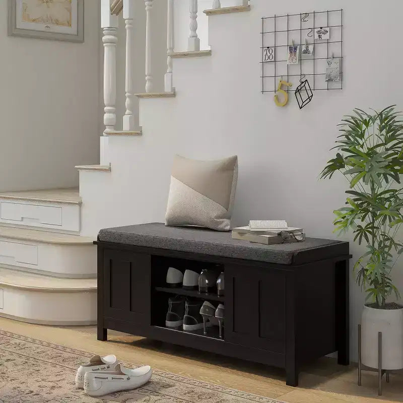 Modern Shoe Storage Bench, Entry Way Bench with Cushion, 2 Sliding Doors, Storage Ottoman Bench, Holds 10 Pairs