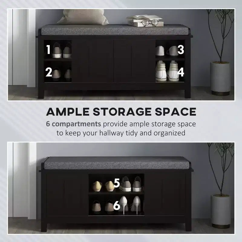 Modern Shoe Storage Bench, Entry Way Bench with Cushion, 2 Sliding Doors, Storage Ottoman Bench, Holds 10 Pairs