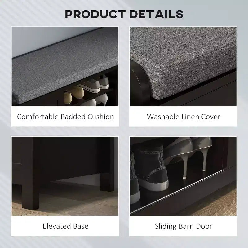Modern Shoe Storage Bench, Entry Way Bench with Cushion, 2 Sliding Doors, Storage Ottoman Bench, Holds 10 Pairs