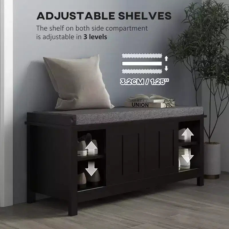 Modern Shoe Storage Bench, Entry Way Bench with Cushion, 2 Sliding Doors, Storage Ottoman Bench, Holds 10 Pairs