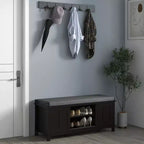 Modern Shoe Storage Bench, Entry Way Bench with Cushion, 2 Sliding Doors, Storage Ottoman Bench, Holds 10 Pairs