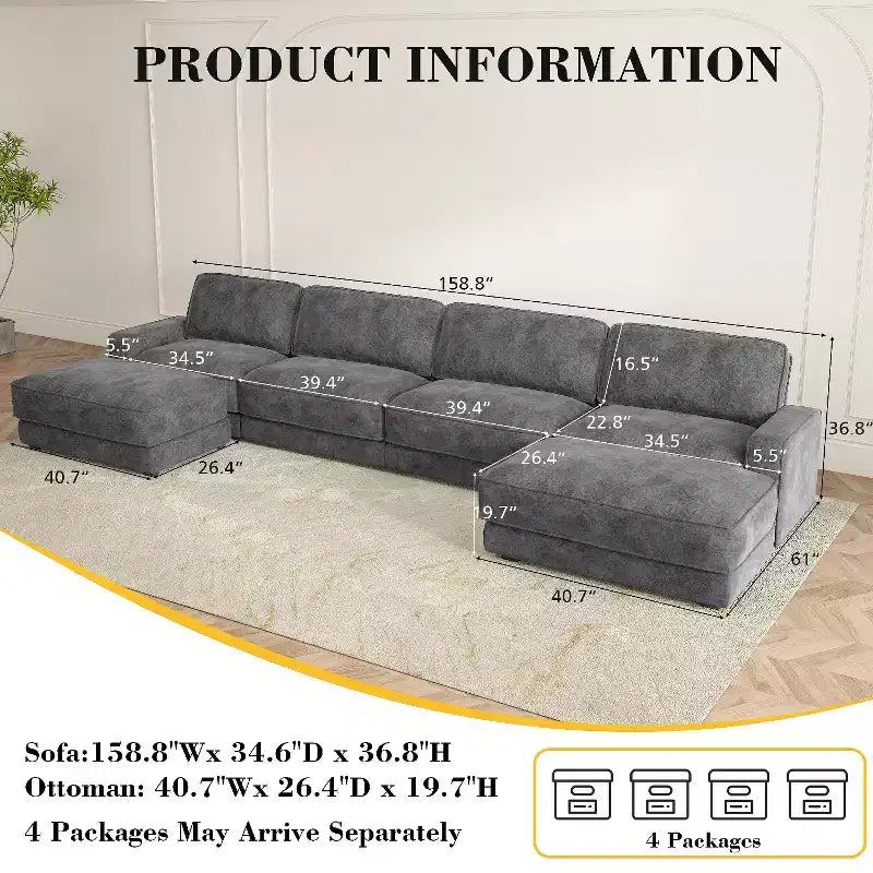 Dyonery 158 Grand canapé modulable sectionnel, tissu CHENILLE avec assise profonde, assemblage sans outil