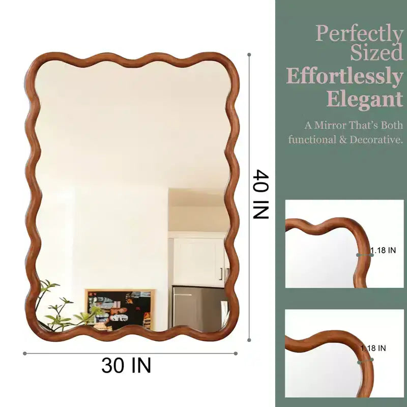 PexFix Miroir décoratif mural rectangulaire ondulé 30 x 40 avec cadre en bois massif, style moderne et rustique, pour chambre, salle de bain, salon, entrée, marron