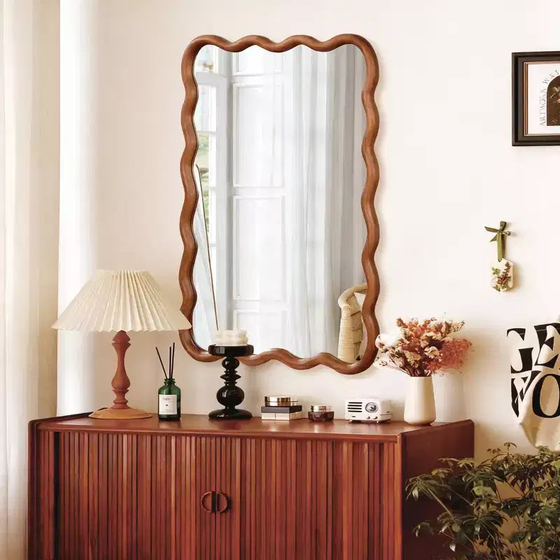 PexFix Miroir décoratif mural rectangulaire ondulé 30 x 40 avec cadre en bois massif, style moderne et rustique, pour chambre, salle de bain, salon, entrée, marron