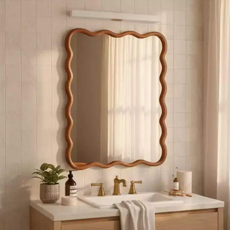 PexFix Miroir décoratif mural rectangulaire ondulé 30 x 40 avec cadre en bois massif, style moderne et rustique, pour chambre, salle de bain, salon, entrée, marron
