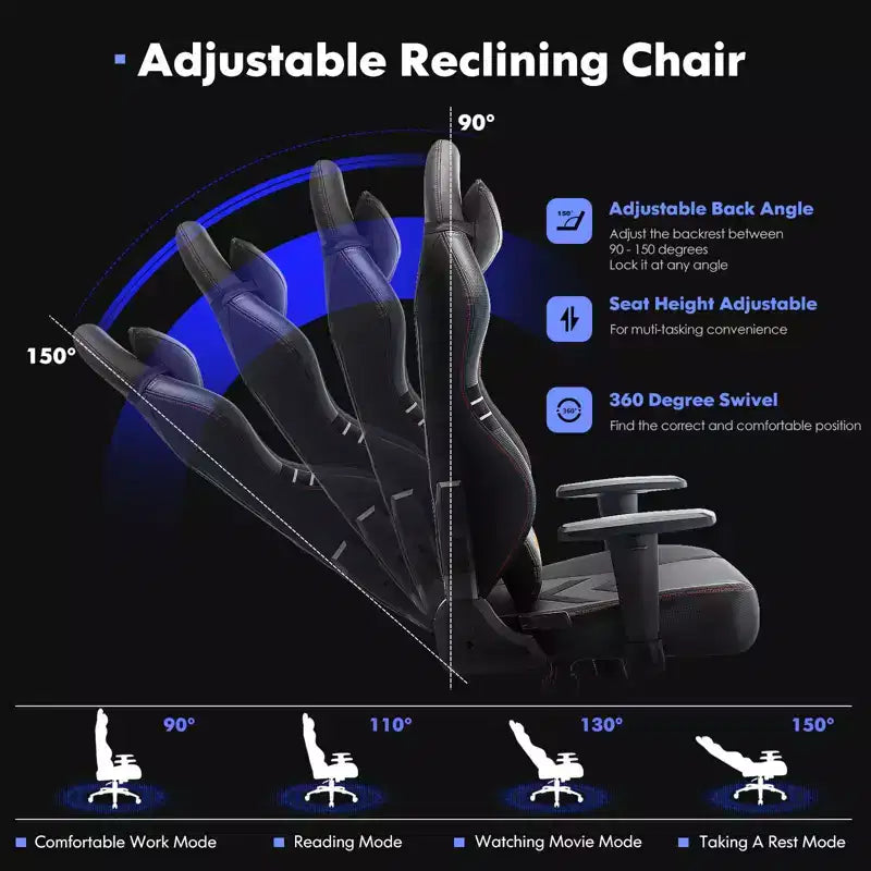 Chaise de jeu ergonomique à dossier haut Okak avec coussin appui-nuque amovible, chaise d'ordinateur avec assise rembourrée et support lombaire, chaise confortable pour la maison, noire