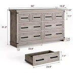 Commode à 8 tiroirs, commode de 140 cm de large pour chambre à coucher, commode de style ferme avec poignées en métal, meuble à tiroirs avec texture bois naturel