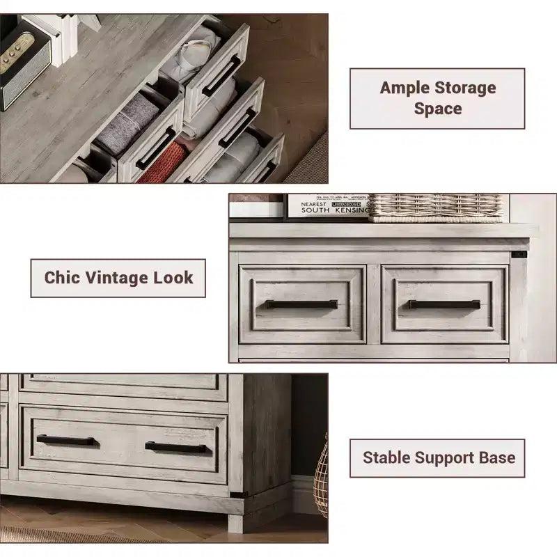 Commode à 8 tiroirs, commode de 140 cm de large pour chambre à coucher, commode de style ferme avec poignées en métal, meuble à tiroirs avec texture bois naturel
