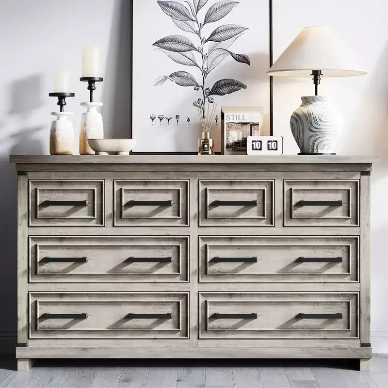 Commode à 8 tiroirs, commode de 140 cm de large pour chambre à coucher, commode de style ferme avec poignées en métal, meuble à tiroirs avec texture bois naturel