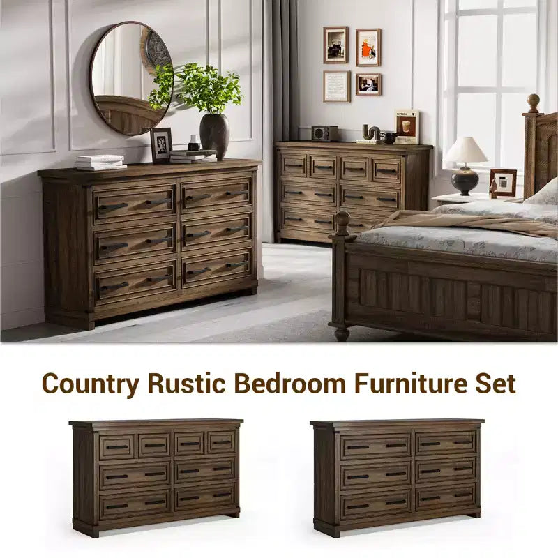 Commode à 8 tiroirs, commode de 140 cm de large pour chambre à coucher, commode de style ferme avec poignées en métal, meuble à tiroirs avec texture bois naturel