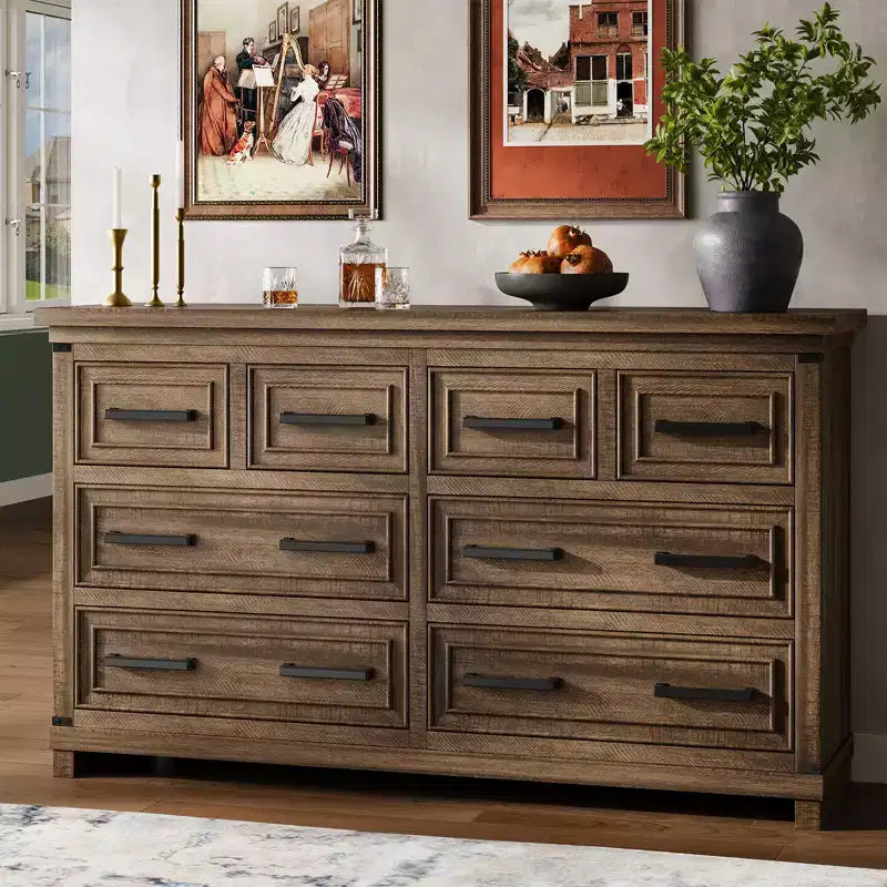 Commode à 8 tiroirs, commode de 140 cm de large pour chambre à coucher, commode de style ferme avec poignées en métal, meuble à tiroirs avec texture bois naturel