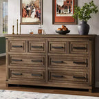 Commode à 8 tiroirs, commode de 140 cm de large pour chambre à coucher, commode de style ferme avec poignées en métal, meuble à tiroirs avec texture bois naturel