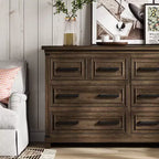 Commode à 8 tiroirs, commode de 140 cm de large pour chambre à coucher, commode de style ferme avec poignées en métal, meuble à tiroirs avec texture bois naturel
