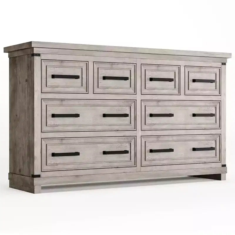 Commode à 8 tiroirs, commode de 140 cm de large pour chambre à coucher, commode de style ferme avec poignées en métal, meuble à tiroirs avec texture bois naturel