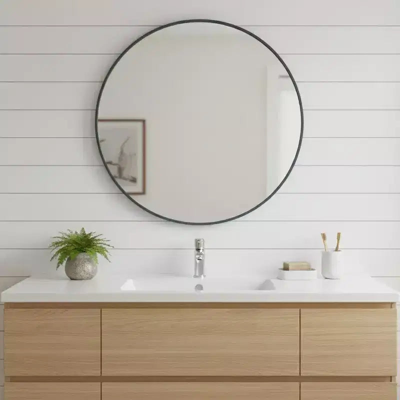 HomeRoots Miroir de salle de bain rond à cadre métallique noir de 30 pouces