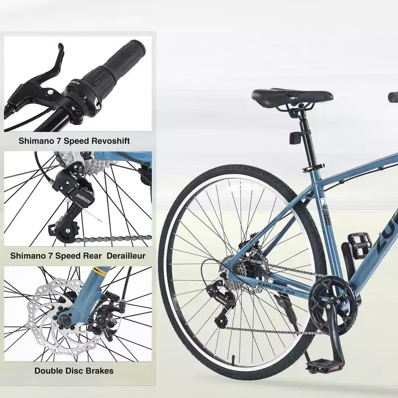 Vélo de route Whisen 28, vélo de ville hybride avec cadre en alliage d'aluminium Shimano 7 vitesses et freins à double disque