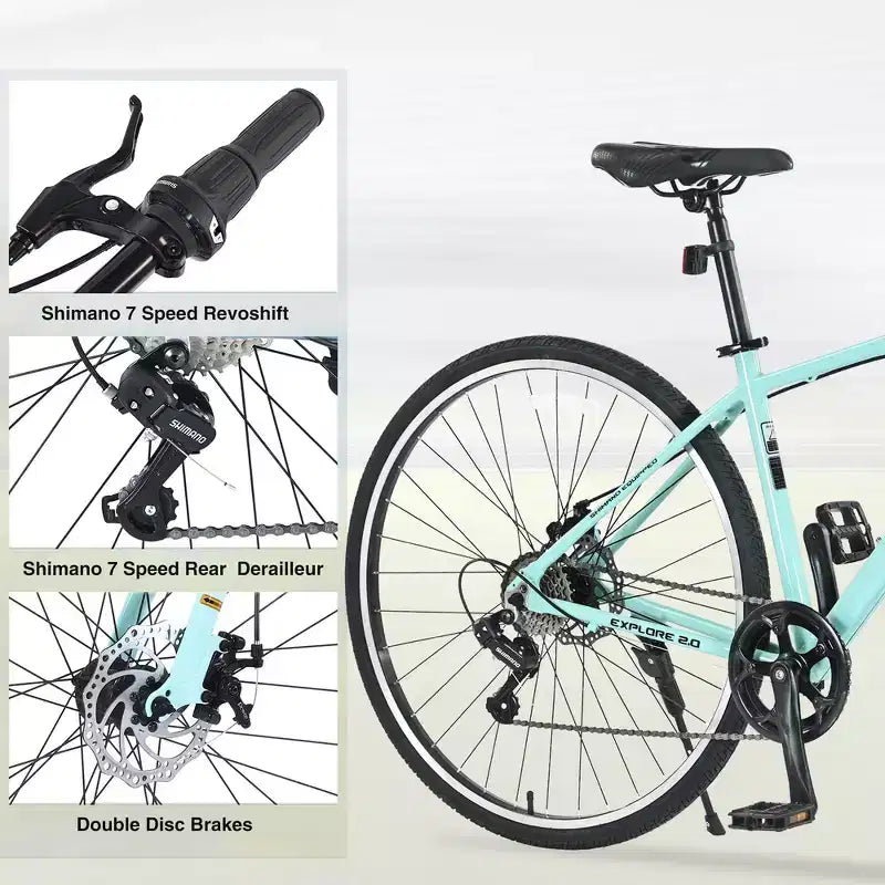 Vélo de route Whisen 28, vélo de ville hybride avec cadre en alliage d'aluminium Shimano 7 vitesses et freins à double disque
