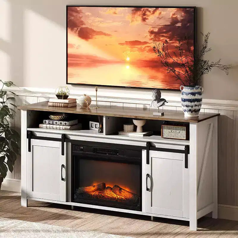 VINGLI Fireplace TV Stand with Sliding Barn Door for 70 Inch TV, Farmhouse Entertainment Center  23 Fireplace