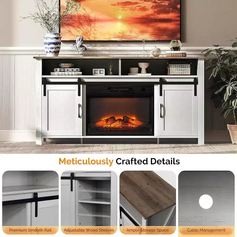 VINGLI Fireplace TV Stand with Sliding Barn Door for 70 Inch TV, Farmhouse Entertainment Center  23 Fireplace