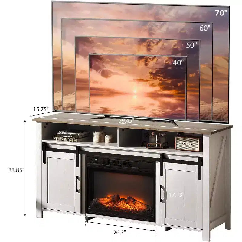 VINGLI Fireplace TV Stand with Sliding Barn Door for 70 Inch TV, Farmhouse Entertainment Center  23 Fireplace