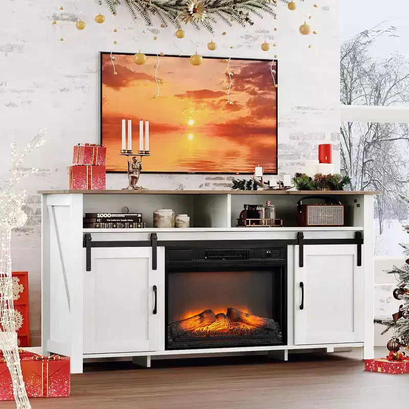 VINGLI Fireplace TV Stand with Sliding Barn Door for 70 Inch TV, Farmhouse Entertainment Center  23 Fireplace