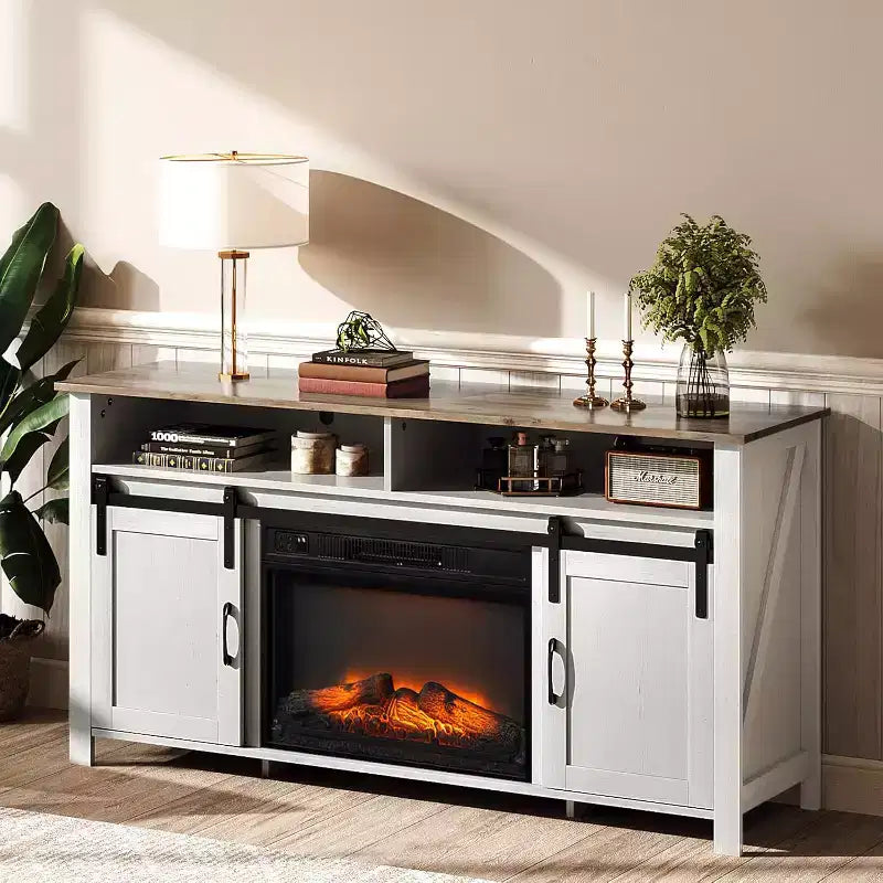 VINGLI Fireplace TV Stand with Sliding Barn Door for 70 Inch TV, Farmhouse Entertainment Center  23 Fireplace