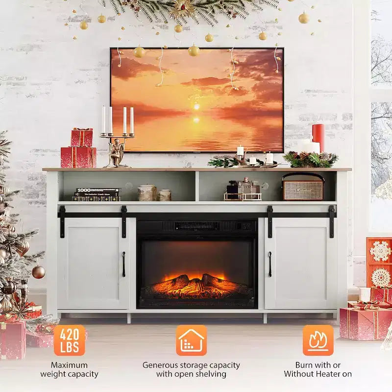 VINGLI Fireplace TV Stand with Sliding Barn Door for 70 Inch TV, Farmhouse Entertainment Center  23 Fireplace