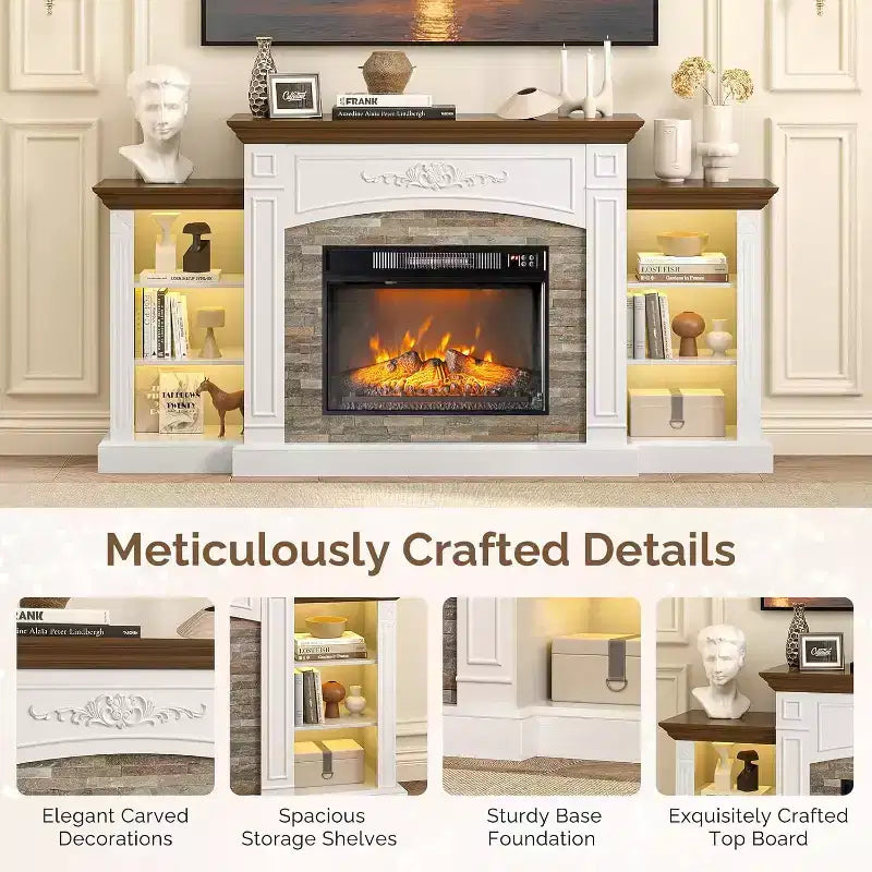 VINGLI 70'' Fireplace TV Stand for 80 inch TVs, Electric Fireplace with Mantel, Modern Entertainment Center with LED