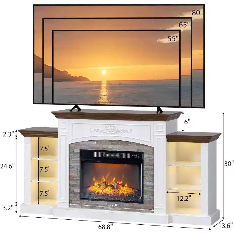 VINGLI 70'' Fireplace TV Stand for 80 inch TVs, Electric Fireplace with Mantel, Modern Entertainment Center with LED