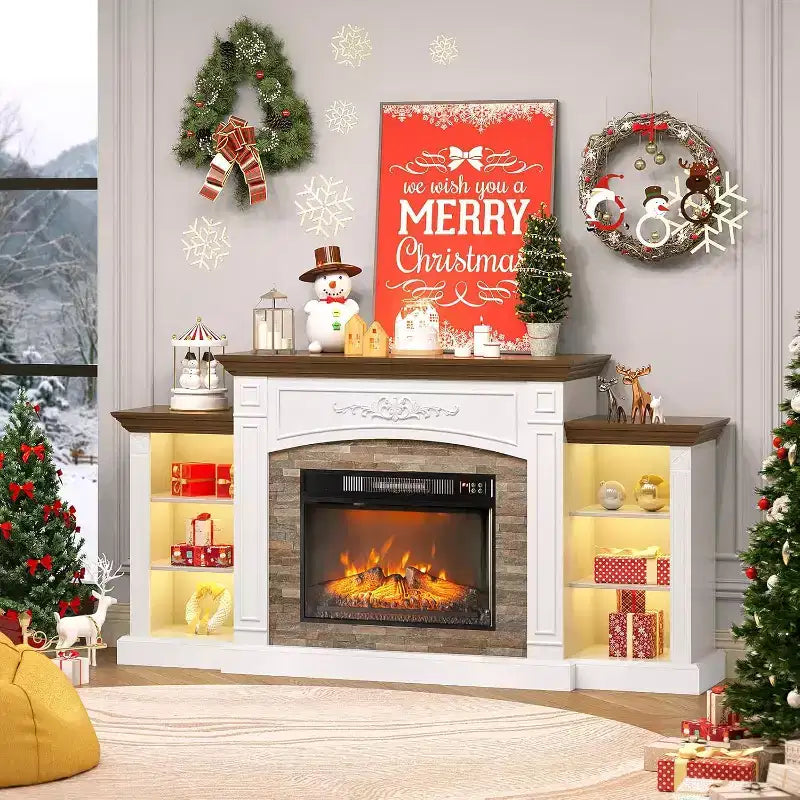 VINGLI 70'' Fireplace TV Stand for 80 inch TVs, Electric Fireplace with Mantel, Modern Entertainment Center with LED