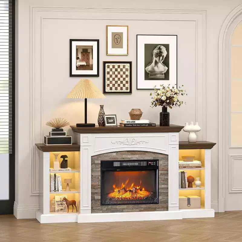 VINGLI 70'' Fireplace TV Stand for 80 inch TVs, Electric Fireplace with Mantel, Modern Entertainment Center with LED