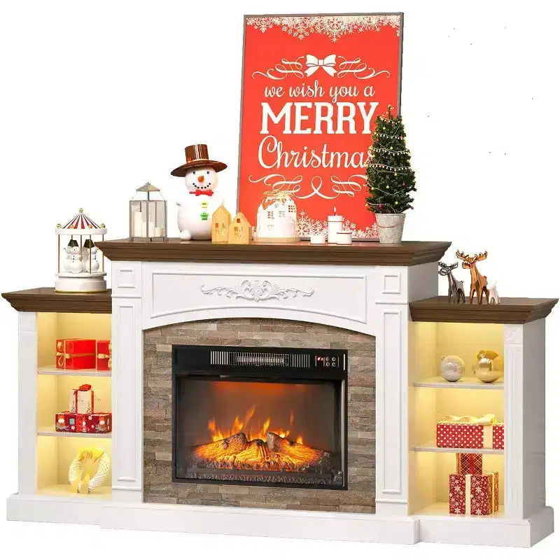 VINGLI 70'' Fireplace TV Stand for 80 inch TVs, Electric Fireplace with Mantel, Modern Entertainment Center with LED