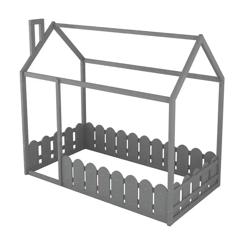 Twin Size Wooden House Bed Frame with Fence-Shaped Guardrail and Roof for Kids Teens Girls Boys