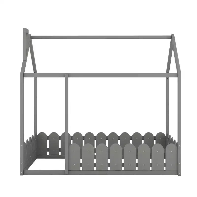 Twin Size Wooden House Bed Frame with Fence-Shaped Guardrail and Roof for Kids Teens Girls Boys
